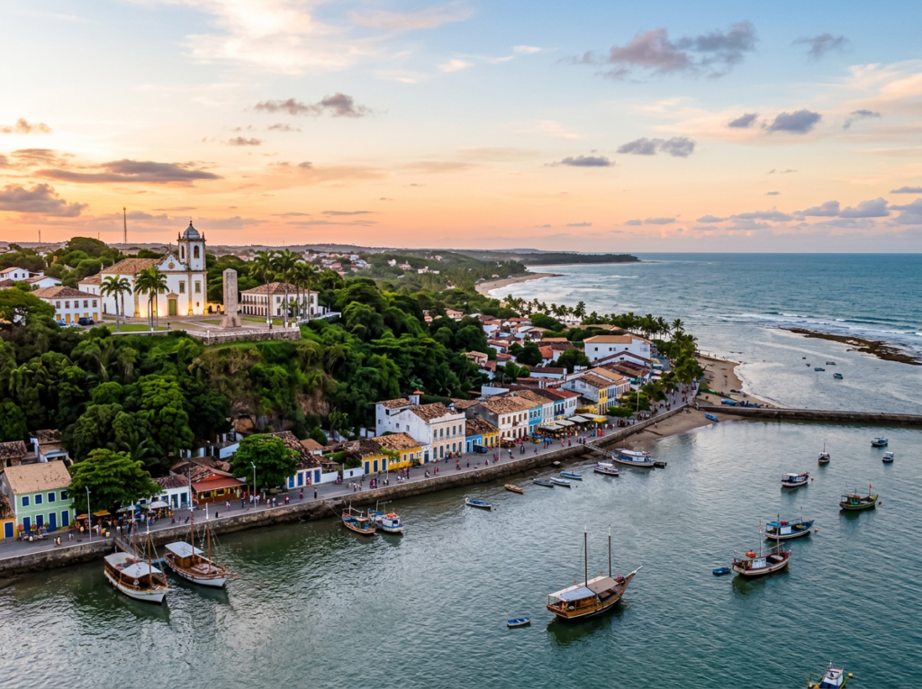 Aerial view of a colorful coastal town, church, beach, and fishing boats