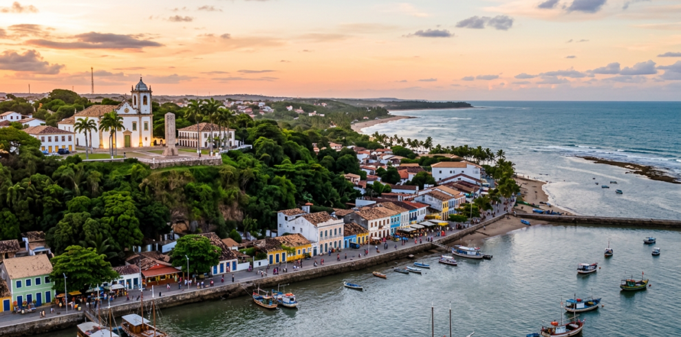 Aerial view of a colorful coastal town, church, beach, and fishing boats